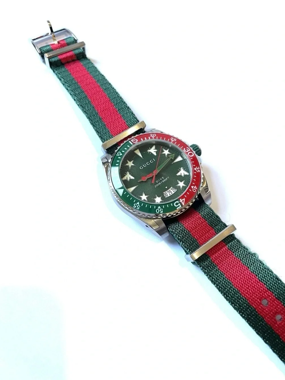 Gucci Green and Red Striped Fabric Dive Watch